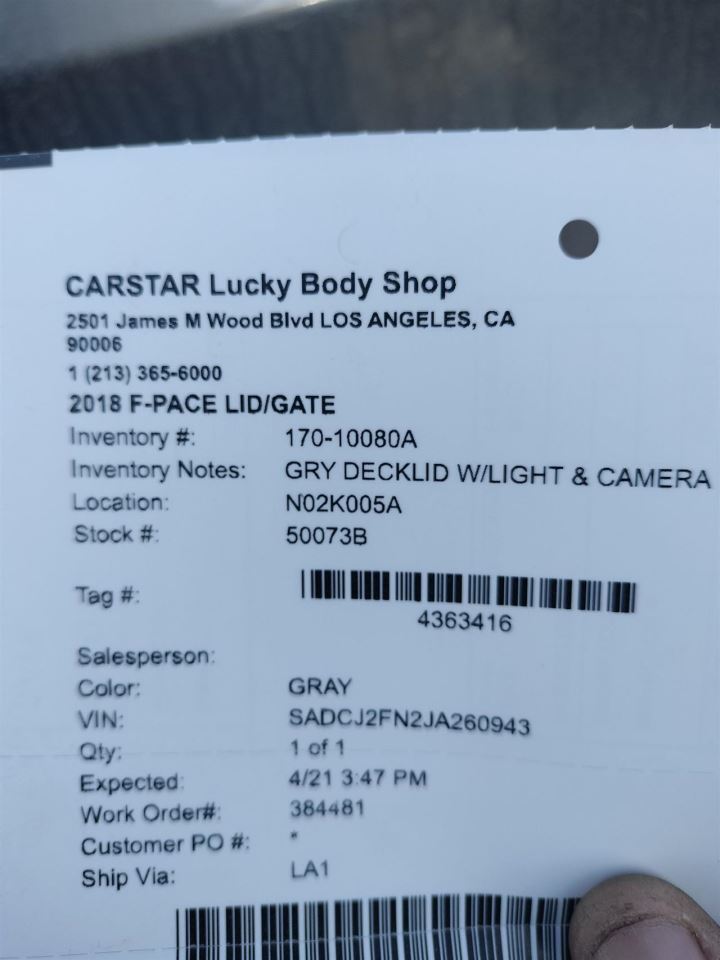 Benzeen DECKLID TAILGATE OEM 17-20 JAGUAR F-PACE - Image 1