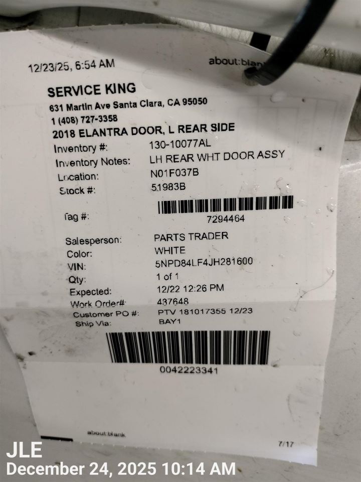 LEFT WHT REAR DOOR ASSEMBLY OEM 17-20 HYUNDAI ELANTRA - Image 3