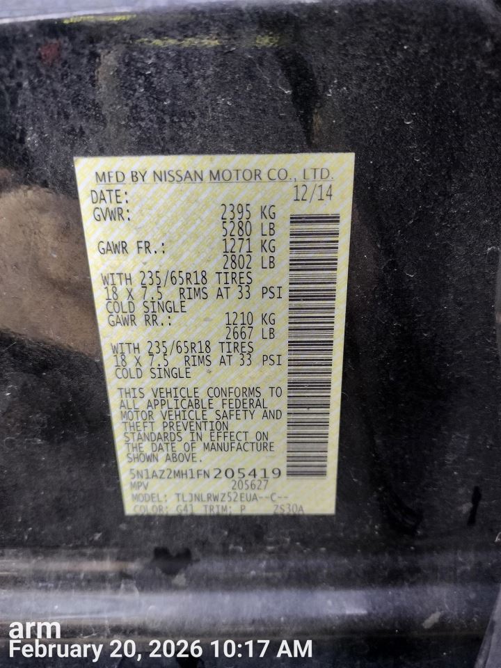 BLK DECKLID TAILGATE OEM 15-18 NISSAN MURANO - Image 1