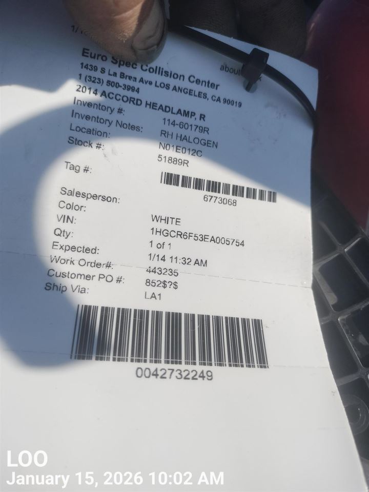 RIGHT HEADLAMP ASSEMBLY OEM 14-15 HONDA ACCORD 1YR WRNTY 33100T3WA01 - Image 2