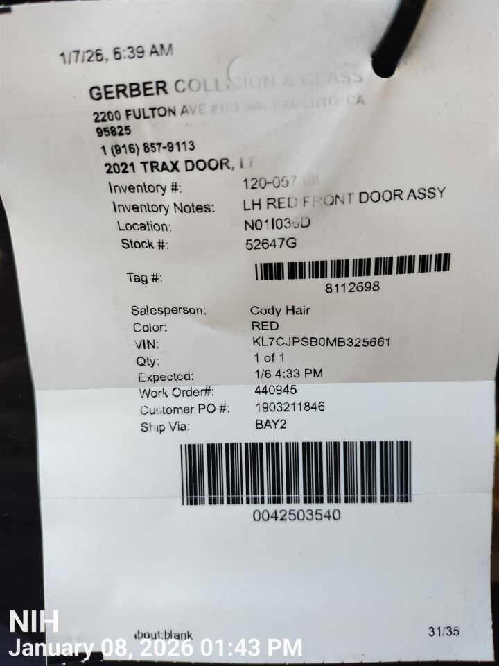 LEFT RED FRONT DOOR ASSEMBLY OEM 13-22 CHEVROLET TRAX - Image 4